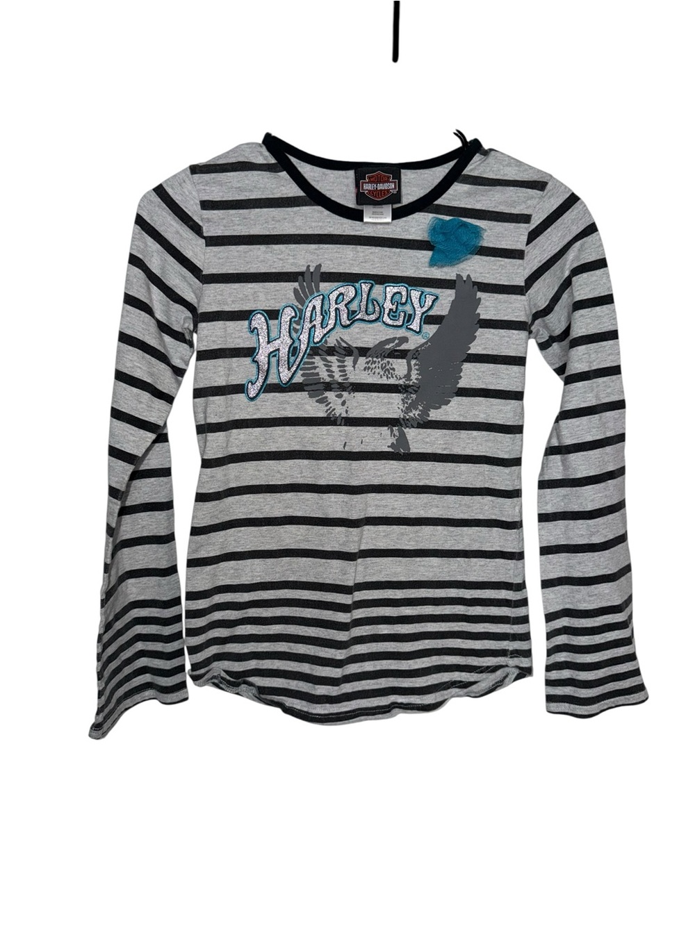 Harley-Davidson Girls' Gray, Black & Teal Striped Long Sleeve Tee